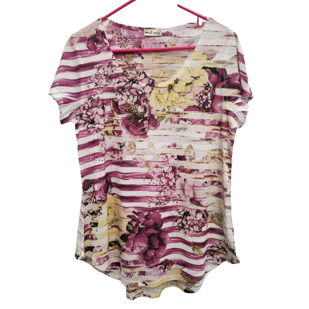 World Unity Womens Top XXL Purple White Floral Embellished Short Sleeve Artsy